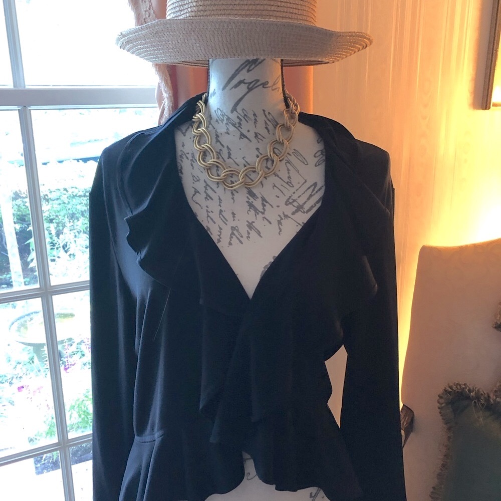 DRESSBARN COLLECTION OPEN WATERFALL CLASSIC BLACK RUFFLE SWEATER